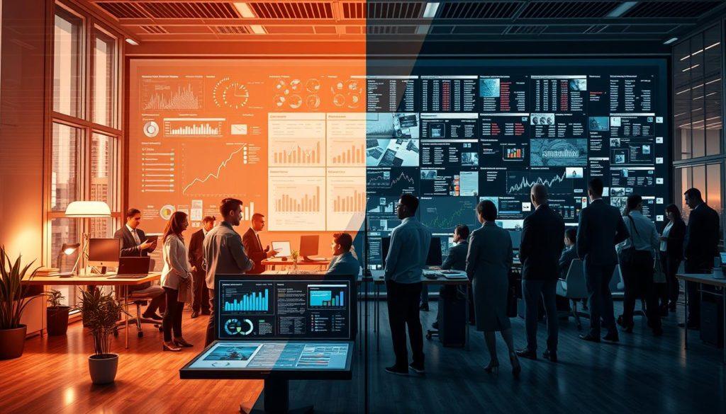 A visually striking scene illustrating the adoption of AI Agents in businesses, featuring a split perspective. In the foreground, a small, modern office environment filled with diverse professionals in business attire, engaged in a collaborative discussion around a sleek digital interface displaying AI analytics. In the middle, a contrasting larger corporate setting where executives analyze extensive data on large screens, showing a more structured and formal atmosphere. The background includes subtle light effects that highlight the contrast in scale and innovation, casting a warm, inviting glow over the small office while the larger setting feels more rigid and corporate. Use a wide-angle lens perspective, with a soft focus on the background to emphasize the differences in company size and culture. The overall mood should convey hopefulness and potential for smaller companies embracing technology. A visually striking scene illustrating the adoption of AI Agents in businesses, featuring a split perspective. In the foreground, a small, modern office environment filled with diverse professionals in business attire, engaged in a collaborative discussion around a sleek digital interface displaying AI analytics. In the middle, a contrasting larger corporate setting where executives analyze extensive data on large screens, showing a more structured and formal atmosphere. The background includes subtle light effects that highlight the contrast in scale and innovation, casting a warm, inviting glow over the small office while the larger setting feels more rigid and corporate. Use a wide-angle lens perspective, with a soft focus on the background to emphasize the differences in company size and culture. The overall mood should convey hopefulness and potential for smaller companies embracing technology.