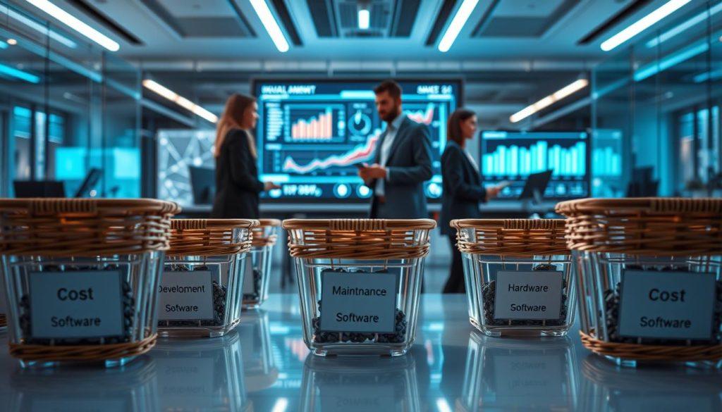 An abstract representation of the cost structure of AI Agents, featuring a well-organized array of clear, labeled baskets representing various cost categories like development, maintenance, hardware, and software. In the foreground, a sleek, modern workspace with professionals dressed in business attire, engaged in discussion over digital devices. The middle ground showcases a digital display screen with dynamic charts and graphs illustrating cost trends and projections. The background is a high-tech office environment, bathed in soft blue and white lighting, conveying a futuristic and efficient atmosphere. Capture the mood of innovation and collaboration, emphasizing clarity and insight into cost management strategies. An abstract representation of the cost structure of AI Agents, featuring a well-organized array of clear, labeled baskets representing various cost categories like development, maintenance, hardware, and software. In the foreground, a sleek, modern workspace with professionals dressed in business attire, engaged in discussion over digital devices. The middle ground showcases a digital display screen with dynamic charts and graphs illustrating cost trends and projections. The background is a high-tech office environment, bathed in soft blue and white lighting, conveying a futuristic and efficient atmosphere. Capture the mood of innovation and collaboration, emphasizing clarity and insight into cost management strategies.