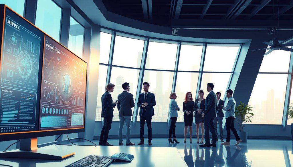 An informative illustration showcasing the workflow of an AI agent, depicting a sleek, modern workspace. In the foreground, a high-tech computer screen displays complex data visualizations and neural network diagrams. The middle ground features a diverse team of professionals dressed in smart business attire, actively collaborating and discussing strategies, symbolizing the human oversight in AI operations. In the background, large windows reveal a futuristic cityscape bathed in soft, natural light, reflecting innovation and progress. The overall atmosphere is dynamic and optimistic, emphasizing the harmony between AI technology and human intervention, with an emphasis on clarity and professionalism. The scene is well-lit with cool tones, creating a clean, organized aesthetic. An informative illustration showcasing the workflow of an AI agent, depicting a sleek, modern workspace. In the foreground, a high-tech computer screen displays complex data visualizations and neural network diagrams. The middle ground features a diverse team of professionals dressed in smart business attire, actively collaborating and discussing strategies, symbolizing the human oversight in AI operations. In the background, large windows reveal a futuristic cityscape bathed in soft, natural light, reflecting innovation and progress. The overall atmosphere is dynamic and optimistic, emphasizing the harmony between AI technology and human intervention, with an emphasis on clarity and professionalism. The scene is well-lit with cool tones, creating a clean, organized aesthetic.