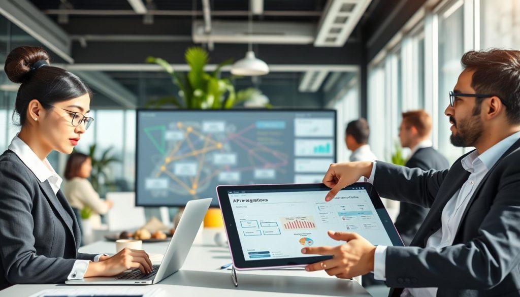 An office environment showcasing a collaborative workspace where diverse professionals are engaged in API integration tasks. In the foreground, a focused Asian woman in smart business attire is analyzing data on a laptop, while a Caucasian man in casual business wear is discussing with her, pointing at a digital tablet that displays complex flowcharts. In the middle ground, a large interactive screen shows visual representations of various API connections, illustrating common scenarios. In the background, a bright, modern office space with glass walls and green plants creates a productive atmosphere. The lighting is bright yet soft, emulating a sunny day, enhancing a sense of innovation and teamwork. An office environment showcasing a collaborative workspace where diverse professionals are engaged in API integration tasks. In the foreground, a focused Asian woman in smart business attire is analyzing data on a laptop, while a Caucasian man in casual business wear is discussing with her, pointing at a digital tablet that displays complex flowcharts. In the middle ground, a large interactive screen shows visual representations of various API connections, illustrating common scenarios. In the background, a bright, modern office space with glass walls and green plants creates a productive atmosphere. The lighting is bright yet soft, emulating a sunny day, enhancing a sense of innovation and teamwork.
