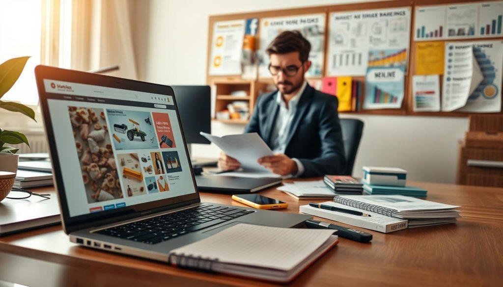 A busy workspace setting focused on the preparations for establishing an online store. In the foreground, a neatly organized desk with a laptop open, displaying a webpage layout for an e-commerce site, alongside notebooks, and a smartphone with a list of tasks. In the middle ground, a person in business casual attire is intently reviewing documents and planning strategies, surrounded by colorful product samples and packaging materials. The background features a softly lit room with a bulletin board covered in marketing ideas and charts related to online selling. The light is warm and inviting, creating an encouraging atmosphere for entrepreneurial endeavors. The angle captures both the desk and workspace, conveying a sense of activity and focus. A busy workspace setting focused on the preparations for establishing an online store. In the foreground, a neatly organized desk with a laptop open, displaying a webpage layout for an e-commerce site, alongside notebooks, and a smartphone with a list of tasks. In the middle ground, a person in business casual attire is intently reviewing documents and planning strategies, surrounded by colorful product samples and packaging materials. The background features a softly lit room with a bulletin board covered in marketing ideas and charts related to online selling. The light is warm and inviting, creating an encouraging atmosphere for entrepreneurial endeavors. The angle captures both the desk and workspace, conveying a sense of activity and focus.