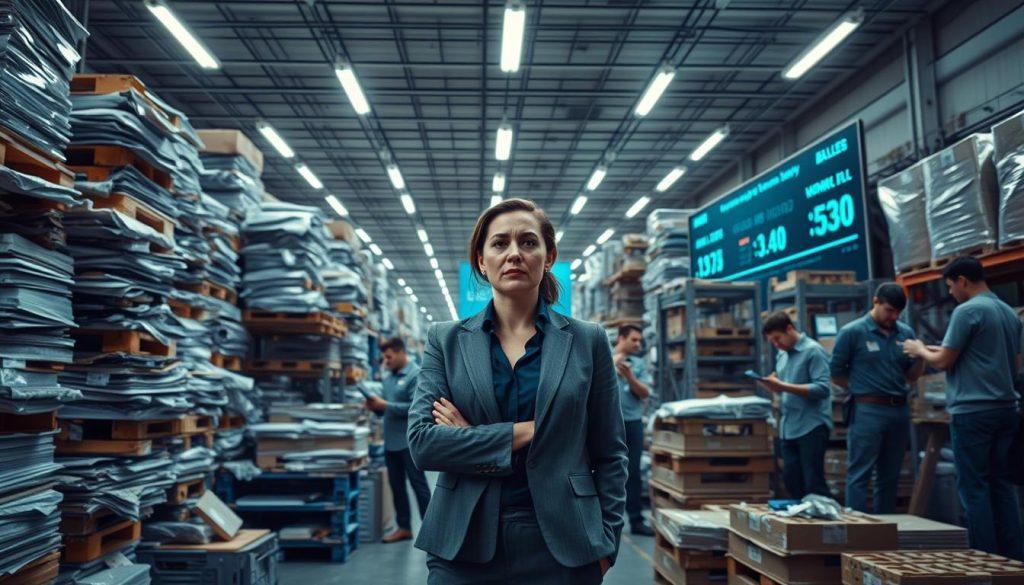 A chaotic warehouse scene showcasing a stock management crisis leading to the downfall of a tech startup, lit by overhead fluorescent lights. In the foreground, a distressed businesswoman in professional attire stands surrounded by towering pallets of disorganized merchandise, her expression one of frustration and disbelief. In the middle, workers in modest casual clothing scramble to maintain order, with some checking inventory lists on tablets and others struggling to find misplaced items. In the background, a large digital display shows declining sales figures, adding to the atmosphere of urgency and panic. The composition captures a sense of impending failure, with a cool color palette and dramatic lighting to emphasize the tension and desperation of the situation. A chaotic warehouse scene showcasing a stock management crisis leading to the downfall of a tech startup, lit by overhead fluorescent lights. In the foreground, a distressed businesswoman in professional attire stands surrounded by towering pallets of disorganized merchandise, her expression one of frustration and disbelief. In the middle, workers in modest casual clothing scramble to maintain order, with some checking inventory lists on tablets and others struggling to find misplaced items. In the background, a large digital display shows declining sales figures, adding to the atmosphere of urgency and panic. The composition captures a sense of impending failure, with a cool color palette and dramatic lighting to emphasize the tension and desperation of the situation.
