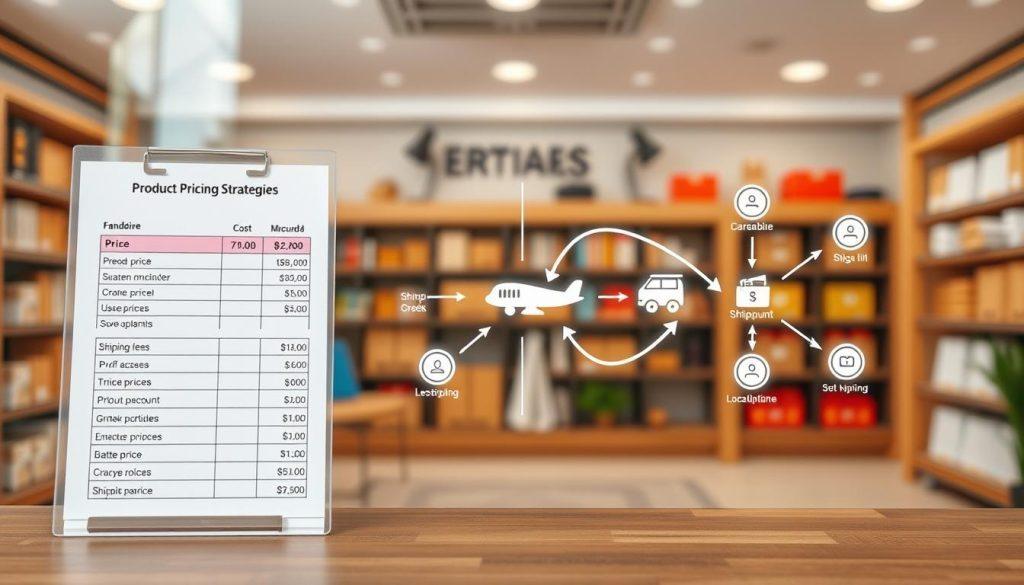 A clear and informative illustration depicting "Product Pricing Strategies and Shipping Cost Calculation." In the foreground, showcase a neatly arranged pricing chart with various product prices, discounts, and shipping fees represented as distinct sections. In the middle, depict a graphic representation of shipping routes and costs, illustrated with arrows pointing from a source to various locations, accentuated by icons of packages. The background should feature a stylized depiction of a store or online marketplace, creating a professional and inviting atmosphere. Use well-balanced, natural lighting to enhance visibility and clarity, and create a sense of organization. The composition should convey a methodical and effective approach to pricing and shipping, suitable for visual teaching materials. A clear and informative illustration depicting "Product Pricing Strategies and Shipping Cost Calculation." In the foreground, showcase a neatly arranged pricing chart with various product prices, discounts, and shipping fees represented as distinct sections. In the middle, depict a graphic representation of shipping routes and costs, illustrated with arrows pointing from a source to various locations, accentuated by icons of packages. The background should feature a stylized depiction of a store or online marketplace, creating a professional and inviting atmosphere. Use well-balanced, natural lighting to enhance visibility and clarity, and create a sense of organization. The composition should convey a methodical and effective approach to pricing and shipping, suitable for visual teaching materials.