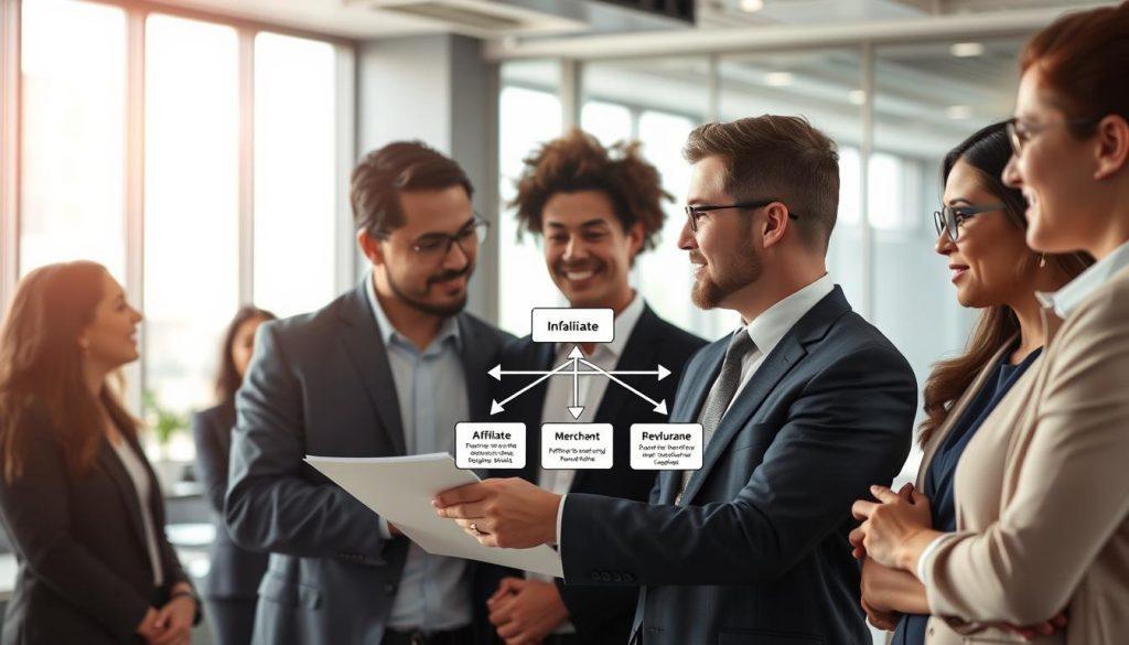 A clear and informative illustration of an affiliate marketing revenue sharing mechanism. In the foreground, show a diverse group of professionals in business attire discussing a flowchart, with one person pointing at a detailed diagram. The middle section should depict a flowchart with arrows connecting various stages like “Affiliate,” “Merchant,” and “Revenue Share,” visually representing the interactions. The background features a modern office environment, with soft, natural lighting filtering through large windows. The atmosphere is collaborative and focused, conveying the complexity and efficiency of the affiliate marketing process. Ensure that there are no text overlays or distracting elements in the image composition. A clear and informative illustration of an affiliate marketing revenue sharing mechanism. In the foreground, show a diverse group of professionals in business attire discussing a flowchart, with one person pointing at a detailed diagram. The middle section should depict a flowchart with arrows connecting various stages like “Affiliate,” “Merchant,” and “Revenue Share,” visually representing the interactions. The background features a modern office environment, with soft, natural lighting filtering through large windows. The atmosphere is collaborative and focused, conveying the complexity and efficiency of the affiliate marketing process. Ensure that there are no text overlays or distracting elements in the image composition.