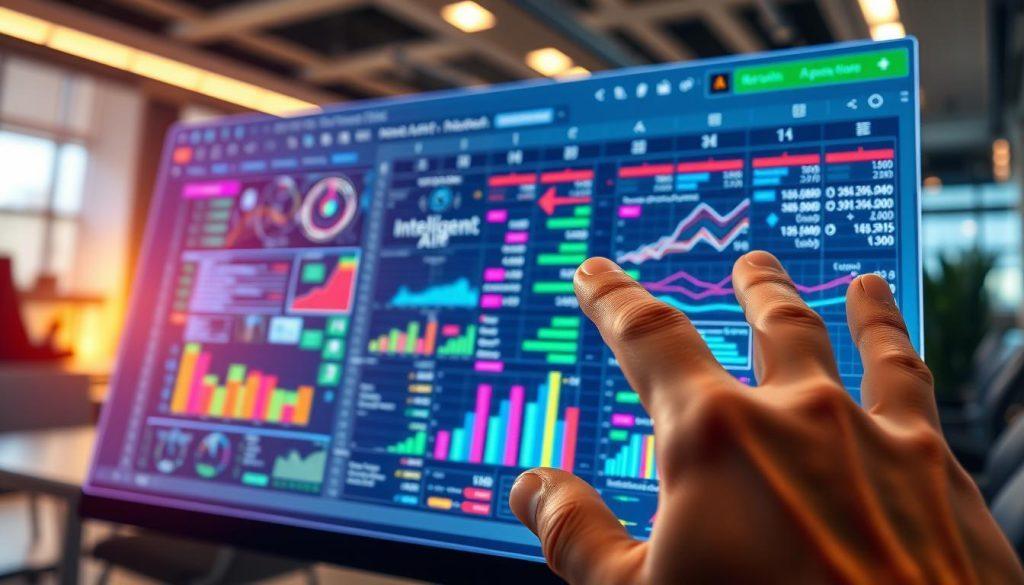 A close-up of a futuristic Excel spreadsheet interface showcasing AI features, with vibrant colors illuminating various cells filled with intelligent data analysis charts and graphs. In the foreground, a hand interacts with a holographic element of the interface, illustrating the seamless integration of AI within the application. The mid-ground features a transparent overlay displaying complex algorithms and predictive analytics flowing across the cells, hinting at advanced automation. The background consists of a sleek, modern office environment with soft-focus elements, illuminated by warm, ambient lighting highlighting the technological advancements. The mood is inspiring and professional, emphasizing innovation and the evolution of intelligence in spreadsheet management, captured at a dynamic angle that conveys depth and engagement. A close-up of a futuristic Excel spreadsheet interface showcasing AI features, with vibrant colors illuminating various cells filled with intelligent data analysis charts and graphs. In the foreground, a hand interacts with a holographic element of the interface, illustrating the seamless integration of AI within the application. The mid-ground features a transparent overlay displaying complex algorithms and predictive analytics flowing across the cells, hinting at advanced automation. The background consists of a sleek, modern office environment with soft-focus elements, illuminated by warm, ambient lighting highlighting the technological advancements. The mood is inspiring and professional, emphasizing innovation and the evolution of intelligence in spreadsheet management, captured at a dynamic angle that conveys depth and engagement.
