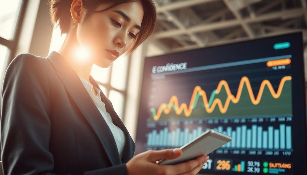 A close-up of a professional Asian woman in business attire, analyzing market trends on a digital tablet, surrounded by graphs and data charts representing e-commerce statistics. In the background, a bright, modern office with soft natural lighting streaming through large windows. The middle ground features a large screen displaying a line chart with fluctuating market confidence, symbolizing the impact of recent events. The mood is focused and analytical, reflecting a serious understanding of the implications of the recent "Shopee Incident" on Taiwan's e-commerce market. Vibrant colors contrast with cool shades to enhance the feeling of urgency and importance in the atmosphere. The angle is slightly tilted to create a dynamic perspective. A close-up of a professional Asian woman in business attire, analyzing market trends on a digital tablet, surrounded by graphs and data charts representing e-commerce statistics. In the background, a bright, modern office with soft natural lighting streaming through large windows. The middle ground features a large screen displaying a line chart with fluctuating market confidence, symbolizing the impact of recent events. The mood is focused and analytical, reflecting a serious understanding of the implications of the recent "Shopee Incident" on Taiwan's e-commerce market. Vibrant colors contrast with cool shades to enhance the feeling of urgency and importance in the atmosphere. The angle is slightly tilted to create a dynamic perspective.