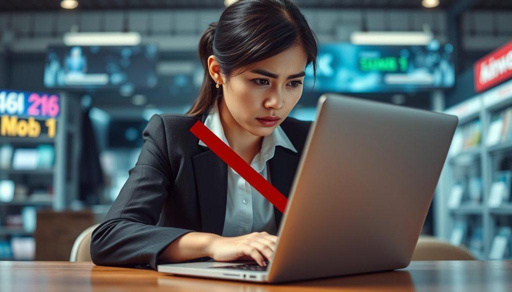 A compelling visual representation illustrating the concept of "禁止平台發布分潤連結" in the context of a digital marketplace setting. In the foreground, depict a professional businesswoman in professional attire, looking concerned while examining a laptop screen displaying a "prohibited" symbol, indicating a blocked link. In the middle ground, include elements typical of an online shopping platform, such as icons representing products and a blurred interface. The background should show a digital environment with abstract data flows or graphics that suggest an online universe, conveying a sense of digital commerce. Utilize soft, natural lighting to create a serious yet focused atmosphere, shot from a slightly elevated angle for depth. A compelling visual representation illustrating the concept of "禁止平台發布分潤連結" in the context of a digital marketplace setting. In the foreground, depict a professional businesswoman in professional attire, looking concerned while examining a laptop screen displaying a "prohibited" symbol, indicating a blocked link. In the middle ground, include elements typical of an online shopping platform, such as icons representing products and a blurred interface. The background should show a digital environment with abstract data flows or graphics that suggest an online universe, conveying a sense of digital commerce. Utilize soft, natural lighting to create a serious yet focused atmosphere, shot from a slightly elevated angle for depth.