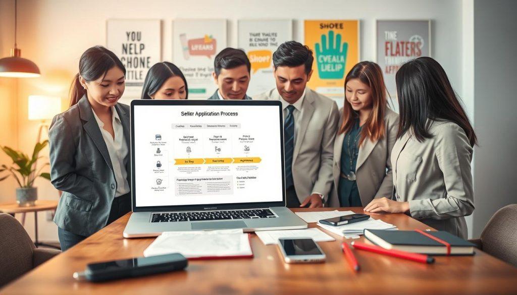 A comprehensive visual guide illustrating the Shopee seller application process, designed for beginners. In the foreground, a diverse group of individuals in professional business attire attentively examines a laptop screen displaying a step-by-step flowchart of the application process. In the middle, various application documents and tools (like smartphones and notebooks) are scattered on a wooden table, symbolizing organization and preparation. The background features a cozy office space with soft lighting and motivational posters related to e-commerce and entrepreneurship. The mood is inspiring and focused, encouraging new sellers to engage with the process confidently. Ensure the composition is balanced, with clear depth of field, and emphasizes collaboration and clarity in the digital age. A comprehensive visual guide illustrating the Shopee seller application process, designed for beginners. In the foreground, a diverse group of individuals in professional business attire attentively examines a laptop screen displaying a step-by-step flowchart of the application process. In the middle, various application documents and tools (like smartphones and notebooks) are scattered on a wooden table, symbolizing organization and preparation. The background features a cozy office space with soft lighting and motivational posters related to e-commerce and entrepreneurship. The mood is inspiring and focused, encouraging new sellers to engage with the process confidently. Ensure the composition is balanced, with clear depth of field, and emphasizes collaboration and clarity in the digital age.