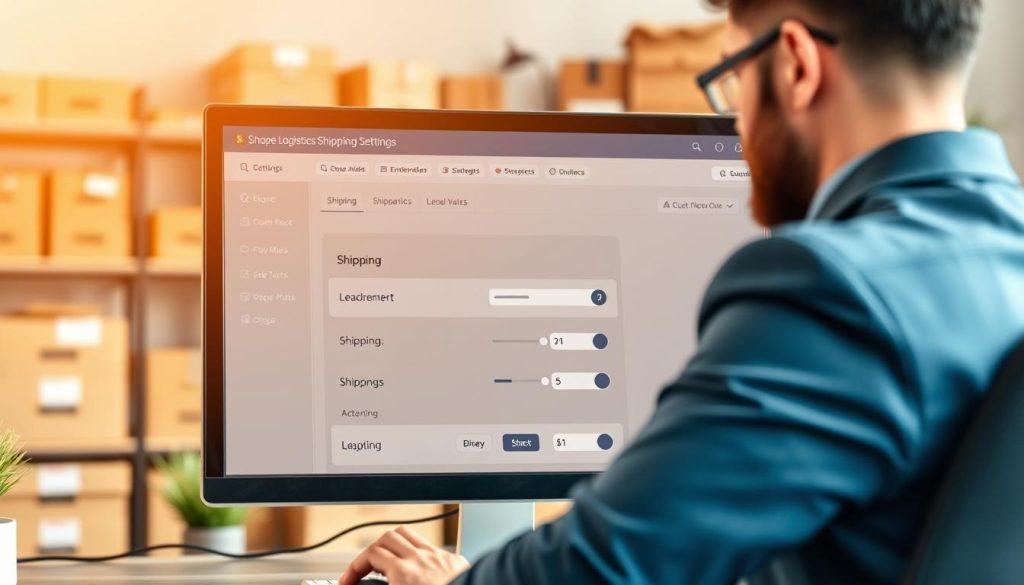 A computer screen displaying the Shopee logistics and shipping settings interface, with a user carefully adjusting the shipping option sliders. In the foreground, an experienced e-commerce manager in professional business attire is focused on the task, using a mouse and keyboard. The background features a modern office environment, with shelves containing boxes and shipping supplies. Soft, natural lighting illuminates the scene, creating a warm and productive atmosphere. The camera angle is slightly angled downward, zooming in on the screen, showcasing the detailed shipping rates and logistics settings clearly. The overall mood conveys a sense of organization and efficiency in managing shipping operations. Ensure no text, logos, or watermarks are present in the image. A computer screen displaying the Shopee logistics and shipping settings interface, with a user carefully adjusting the shipping option sliders. In the foreground, an experienced e-commerce manager in professional business attire is focused on the task, using a mouse and keyboard. The background features a modern office environment, with shelves containing boxes and shipping supplies. Soft, natural lighting illuminates the scene, creating a warm and productive atmosphere. The camera angle is slightly angled downward, zooming in on the screen, showcasing the detailed shipping rates and logistics settings clearly. The overall mood conveys a sense of organization and efficiency in managing shipping operations. Ensure no text, logos, or watermarks are present in the image.
