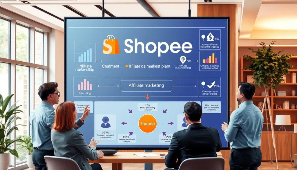 A conceptual illustration of the "Shopee revenue sharing affiliate marketing mechanism," featuring a dynamic flowchart-style layout. In the foreground, include diverse professionals in business attire discussing strategies around a large digital screen displaying the Shopee logo and various graphs highlighting growth and partnerships. The middle ground features a visually appealing diagram representing the affiliate marketing system, with arrows indicating the flow of commissions and incentives between participants. The background should be a modern office environment, with tasteful decor and natural light coming through large windows. The mood is collaborative and professional, emphasizing innovation and teamwork in the digital marketing space. A conceptual illustration of the "Shopee revenue sharing affiliate marketing mechanism," featuring a dynamic flowchart-style layout. In the foreground, include diverse professionals in business attire discussing strategies around a large digital screen displaying the Shopee logo and various graphs highlighting growth and partnerships. The middle ground features a visually appealing diagram representing the affiliate marketing system, with arrows indicating the flow of commissions and incentives between participants. The background should be a modern office environment, with tasteful decor and natural light coming through large windows. The mood is collaborative and professional, emphasizing innovation and teamwork in the digital marketing space.