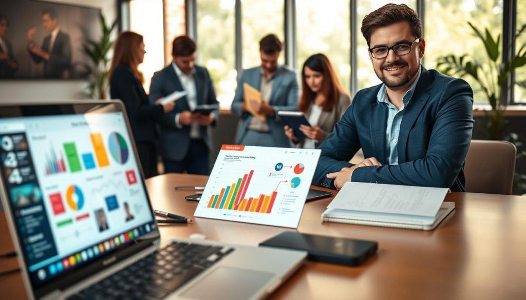 A confident business professional in smart casual attire sits at a modern desk, surrounded by digital devices displaying social media analytics and graphs. In the foreground, a laptop highlights colorful social media icons, while on the screen, a vibrant infographic showcases integration strategies. The middle section features a group of diverse professionals engaging in a brainstorming session, using sticky notes and digital tablets. The background reveals a contemporary office space with large windows and greenery, providing natural light filtering through. The atmosphere is dynamic and collaborative, reflecting innovation and strategy in social media marketing integration. Soft, warm lighting enhances the productive mood of the scene, captured with a slight depth of field to emphasize the foreground elements. A confident business professional in smart casual attire sits at a modern desk, surrounded by digital devices displaying social media analytics and graphs. In the foreground, a laptop highlights colorful social media icons, while on the screen, a vibrant infographic showcases integration strategies. The middle section features a group of diverse professionals engaging in a brainstorming session, using sticky notes and digital tablets. The background reveals a contemporary office space with large windows and greenery, providing natural light filtering through. The atmosphere is dynamic and collaborative, reflecting innovation and strategy in social media marketing integration. Soft, warm lighting enhances the productive mood of the scene, captured with a slight depth of field to emphasize the foreground elements.