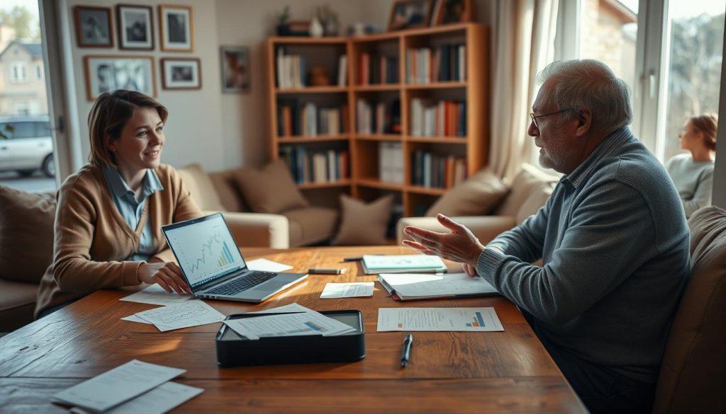 A cozy living room scene where a person sits at a table explaining a concept to two older adults, representing parents. The foreground features a warm wooden table cluttered with papers and a laptop displaying graphs. The middle layer shows the person, a young adult in smart casual attire, animatedly gesturing, while the parents listen, looking intrigued and slightly puzzled. The background reveals a softly lit room with family photos on the walls and a bookshelf filled with books, creating a homey atmosphere. Natural light filters in through a nearby window, casting gentle shadows. The mood is thoughtful and engaging, emphasizing communication and understanding. A cozy living room scene where a person sits at a table explaining a concept to two older adults, representing parents. The foreground features a warm wooden table cluttered with papers and a laptop displaying graphs. The middle layer shows the person, a young adult in smart casual attire, animatedly gesturing, while the parents listen, looking intrigued and slightly puzzled. The background reveals a softly lit room with family photos on the walls and a bookshelf filled with books, creating a homey atmosphere. Natural light filters in through a nearby window, casting gentle shadows. The mood is thoughtful and engaging, emphasizing communication and understanding.