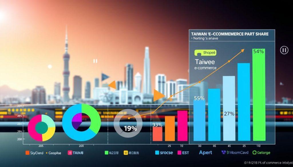 A detailed analysis of Taiwan's e-commerce market share displayed through a vibrant infographic-style illustration. In the foreground, a digital chart shows market share percentages for major platforms, including Shopee, with dynamic and colorful pie charts and bar graphs. The middle layer features stylized icons representing various e-commerce platforms, set against a sleek, modern layout. In the background, a subtle skyline of Taipei hints at the local context, combined with abstract digital elements that suggest technology and online commerce. The lighting is bright and clean, highlighting key data points. The overall atmosphere is professional, engaging, and informative, inviting the viewer to explore Taiwan's e-commerce landscape. A detailed analysis of Taiwan's e-commerce market share displayed through a vibrant infographic-style illustration. In the foreground, a digital chart shows market share percentages for major platforms, including Shopee, with dynamic and colorful pie charts and bar graphs. The middle layer features stylized icons representing various e-commerce platforms, set against a sleek, modern layout. In the background, a subtle skyline of Taipei hints at the local context, combined with abstract digital elements that suggest technology and online commerce. The lighting is bright and clean, highlighting key data points. The overall atmosphere is professional, engaging, and informative, inviting the viewer to explore Taiwan's e-commerce landscape.