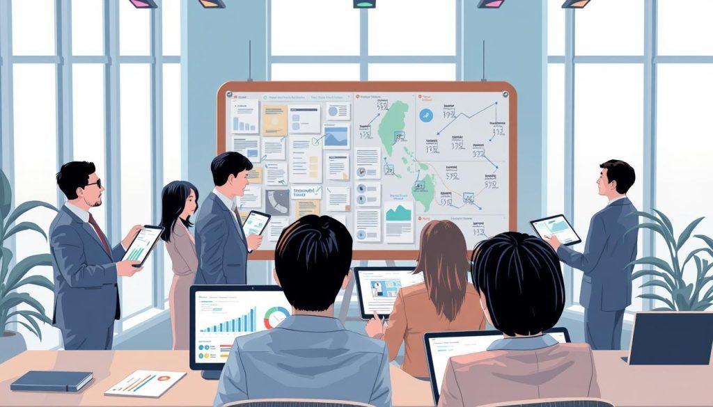 A detailed analysis scene of the rumor surrounding Shopee's exit from Taiwan, illustrated in a modern office setting. In the foreground, a diverse group of professionals in business attire, including two men and two women, are engaged in a lively discussion over digital devices displaying graphs and charts related to the topic. The middle ground features a large pinboard filled with notes, articles, and maps that highlight the sources of the rumors. The background shows large windows letting in soft, natural light, enhancing an atmosphere of inquiry and urgency. The overall mood is analytical yet contemplative, with a color palette of blues and grays to reflect professionalism. The image captures the essence of debate and research surrounding emerging market trends in a contemporary workspace. A detailed analysis scene of the rumor surrounding Shopee's exit from Taiwan, illustrated in a modern office setting. In the foreground, a diverse group of professionals in business attire, including two men and two women, are engaged in a lively discussion over digital devices displaying graphs and charts related to the topic. The middle ground features a large pinboard filled with notes, articles, and maps that highlight the sources of the rumors. The background shows large windows letting in soft, natural light, enhancing an atmosphere of inquiry and urgency. The overall mood is analytical yet contemplative, with a color palette of blues and grays to reflect professionalism. The image captures the essence of debate and research surrounding emerging market trends in a contemporary workspace.