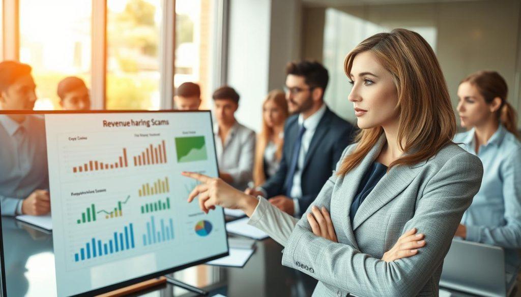 A detailed, analytical scene depicting a meeting room with a diverse group of professionals discussing a complex case analysis of revenue sharing scams. In the foreground, a confident woman in a business suit points at a digital presentation displaying graphs and data related to a "分潤蟑螂" case. The middle ground features attentive colleagues, both men and women, taking notes and engaging in the discussion, all dressed in professional attire. The background shows a large window, allowing warm, natural light to illuminate the room, creating a focused and serious atmosphere. The composition should emphasize collaboration and strategic thinking, with a clean, modern office environment. The image should be vibrant and detailed, capturing the essence of a professional analytical meeting. A detailed, analytical scene depicting a meeting room with a diverse group of professionals discussing a complex case analysis of revenue sharing scams. In the foreground, a confident woman in a business suit points at a digital presentation displaying graphs and data related to a "分潤蟑螂" case. The middle ground features attentive colleagues, both men and women, taking notes and engaging in the discussion, all dressed in professional attire. The background shows a large window, allowing warm, natural light to illuminate the room, creating a focused and serious atmosphere. The composition should emphasize collaboration and strategic thinking, with a clean, modern office environment. The image should be vibrant and detailed, capturing the essence of a professional analytical meeting.