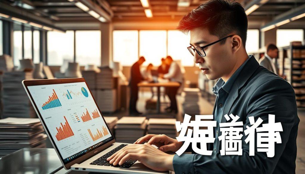 A detailed and dynamic visualization representing "蝦皮賣家經營實戰分析營收數據." In the foreground, a focused professional in business attire, analyzing data on a laptop with charts and graphs displayed on the screen, showcasing sales growth and operational metrics. The middle layer depicts a bustling workspace with colleagues collaborating over documents and digital devices, surrounded by stacks of product samples and inventory. The background features a modern office environment with large windows letting in natural light, symbolic of opportunity and growth. The image should convey a sense of determination and strategic planning, with sharp focus on the data analytics theme and warm, inviting color tones that evoke a productive atmosphere. A detailed and dynamic visualization representing "蝦皮賣家經營實戰分析營收數據." In the foreground, a focused professional in business attire, analyzing data on a laptop with charts and graphs displayed on the screen, showcasing sales growth and operational metrics. The middle layer depicts a bustling workspace with colleagues collaborating over documents and digital devices, surrounded by stacks of product samples and inventory. The background features a modern office environment with large windows letting in natural light, symbolic of opportunity and growth. The image should convey a sense of determination and strategic planning, with sharp focus on the data analytics theme and warm, inviting color tones that evoke a productive atmosphere.