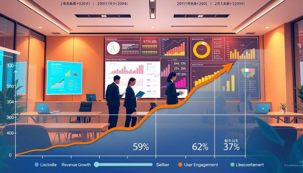 A detailed and informative illustration showcasing Shopee's operational data in the Taiwanese market. In the foreground, include a smooth graph displaying key metrics such as revenue growth, user engagement, and seller statistics, with vibrant colors to highlight upward trends. In the middle ground, depict a modern office setting with professionals analyzing data on laptops and discussing strategies, all dressed in professional business attire. The background features a large digital screen displaying colorful infographics and charts related to Shopee's market presence. Use soft, natural lighting with a warm atmosphere to convey a sense of optimism and growth. The angle should be slightly elevated to capture the full scope of the office environment, emphasizing collaboration and analysis. A detailed and informative illustration showcasing Shopee's operational data in the Taiwanese market. In the foreground, include a smooth graph displaying key metrics such as revenue growth, user engagement, and seller statistics, with vibrant colors to highlight upward trends. In the middle ground, depict a modern office setting with professionals analyzing data on laptops and discussing strategies, all dressed in professional business attire. The background features a large digital screen displaying colorful infographics and charts related to Shopee's market presence. Use soft, natural lighting with a warm atmosphere to convey a sense of optimism and growth. The angle should be slightly elevated to capture the full scope of the office environment, emphasizing collaboration and analysis.