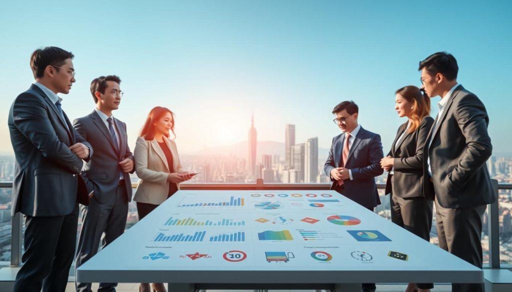 A detailed and professional analysis scene depicting Taiwan’s e-commerce competitive landscape. In the foreground, a diverse group of business professionals dressed in business attire stands around a digital tablet displaying market data and competitor layouts, engaged in discussion. In the middle ground, a large table with charts and graphs visually representing sales data, customer demographics, and market share, with various Taiwanese e-commerce logos subtly included. The background features a city skyline of Taipei, under a clear blue sky. Soft, natural lighting to create a focused and serious atmosphere, emphasizing collaboration and strategic planning. A slight low-angle shot to convey a sense of importance and scale, with a harmonious color palette that blends blues and greens to reflect growth and innovation. A detailed and professional analysis scene depicting Taiwan’s e-commerce competitive landscape. In the foreground, a diverse group of business professionals dressed in business attire stands around a digital tablet displaying market data and competitor layouts, engaged in discussion. In the middle ground, a large table with charts and graphs visually representing sales data, customer demographics, and market share, with various Taiwanese e-commerce logos subtly included. The background features a city skyline of Taipei, under a clear blue sky. Soft, natural lighting to create a focused and serious atmosphere, emphasizing collaboration and strategic planning. A slight low-angle shot to convey a sense of importance and scale, with a harmonious color palette that blends blues and greens to reflect growth and innovation.