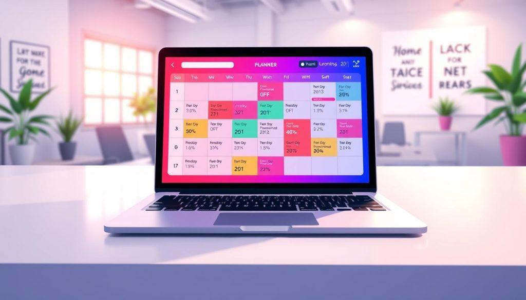 A detailed and vibrant illustration of a digital planner layout for a promotional schedule, focusing on e-commerce event planning. The foreground features a sleek laptop displaying a colorful calendar app filled with marked dates for sales, discounts, and marketing strategies. In the middle ground, there are various icons representing different promotions like percentage off, buy-one-get-one deals, and product add-ons, all in a modern graphic style. The background consists of a clean, minimalist office space with plants and inspirational quotes on the wall, creating a professional atmosphere. Soft, natural lighting comes from a nearby window, highlighting the tech-savvy workspace. The overall mood is organized, efficient, and geared towards successful marketing strategies in an online marketplace. A detailed and vibrant illustration of a digital planner layout for a promotional schedule, focusing on e-commerce event planning. The foreground features a sleek laptop displaying a colorful calendar app filled with marked dates for sales, discounts, and marketing strategies. In the middle ground, there are various icons representing different promotions like percentage off, buy-one-get-one deals, and product add-ons, all in a modern graphic style. The background consists of a clean, minimalist office space with plants and inspirational quotes on the wall, creating a professional atmosphere. Soft, natural lighting comes from a nearby window, highlighting the tech-savvy workspace. The overall mood is organized, efficient, and geared towards successful marketing strategies in an online marketplace.