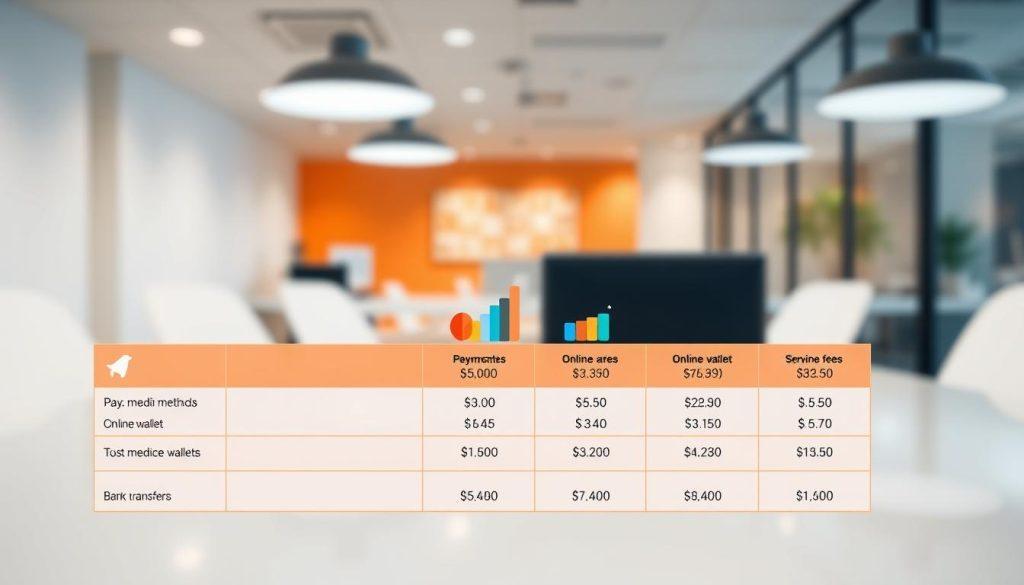 A detailed comparison chart illustrating the various payment methods and service fees associated with Shopee's payment processing. The foreground shows a clear, organized table with icons representing different payment methods like credit cards, online wallets, and bank transfers, each labeled with their corresponding fees. The middle layer features a graphical comparison of costs with bars or pie charts, showcasing the differences in fees visually. In the background, a sleek, modern office setting is visible, suggesting a professional atmosphere. Soft, even lighting enhances clarity, while a slight depth of field keeps the focus on the comparison table. The overall mood is informative and analytical, making it easy for the reader to grasp the financial implications of using Shopee's services. A detailed comparison chart illustrating the various payment methods and service fees associated with Shopee's payment processing. The foreground shows a clear, organized table with icons representing different payment methods like credit cards, online wallets, and bank transfers, each labeled with their corresponding fees. The middle layer features a graphical comparison of costs with bars or pie charts, showcasing the differences in fees visually. In the background, a sleek, modern office setting is visible, suggesting a professional atmosphere. Soft, even lighting enhances clarity, while a slight depth of field keeps the focus on the comparison table. The overall mood is informative and analytical, making it easy for the reader to grasp the financial implications of using Shopee's services.