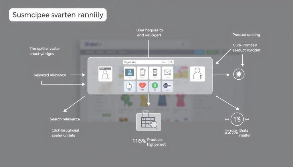 A detailed diagram illustrating the operation principle of Shopee's search ranking system. In the foreground, include several interconnected arrows and flowcharts showing user queries, keyword relevance, and product rankings. The middle layer should feature digital representations of products, accompanied by graphical elements symbolizing metrics like click-through rates and sales volume. The background can have a faint representation of a shopping platform interface, conveying an online marketplace environment. Use soft, neutral lighting to create a professional and informative atmosphere. The overall design should be clean, structured, and easy to understand, capturing the complexity of the search ranking mechanism effectively. A detailed diagram illustrating the operation principle of Shopee's search ranking system. In the foreground, include several interconnected arrows and flowcharts showing user queries, keyword relevance, and product rankings. The middle layer should feature digital representations of products, accompanied by graphical elements symbolizing metrics like click-through rates and sales volume. The background can have a faint representation of a shopping platform interface, conveying an online marketplace environment. Use soft, neutral lighting to create a professional and informative atmosphere. The overall design should be clean, structured, and easy to understand, capturing the complexity of the search ranking mechanism effectively.