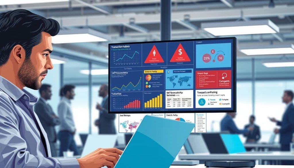 A detailed digital illustration of a modern office environment showcasing graphs and charts on a computer screen, symbolizing the monitoring of customer purchasing behaviors. In the foreground, a professional person in business attire, analyzing data on a laptop, with a thoughtful expression. In the middle ground, a large monitor displaying colorful infographics related to transaction analysis, warning signs, and indicators of suspicious activity like self-purchasing and fake transactions. The background features blurred silhouettes of other professionals engaged in discussions, with bright fluorescent lights and an air of focus and productivity. The overall mood should be serious yet dynamic, conveying the importance of compliance in digital commerce. A detailed digital illustration of a modern office environment showcasing graphs and charts on a computer screen, symbolizing the monitoring of customer purchasing behaviors. In the foreground, a professional person in business attire, analyzing data on a laptop, with a thoughtful expression. In the middle ground, a large monitor displaying colorful infographics related to transaction analysis, warning signs, and indicators of suspicious activity like self-purchasing and fake transactions. The background features blurred silhouettes of other professionals engaged in discussions, with bright fluorescent lights and an air of focus and productivity. The overall mood should be serious yet dynamic, conveying the importance of compliance in digital commerce.