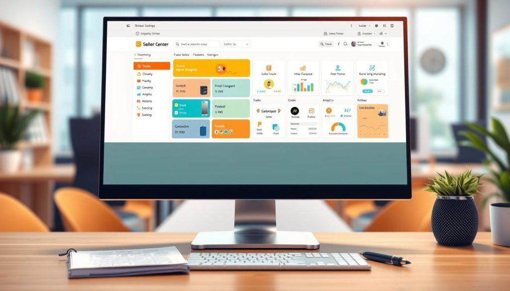 A detailed digital illustration of the Shopee Seller Center interface guide, showcasing an organized layout filled with various functional sections like product management, order tracking, and analytics. In the foreground, a modern computer screen displays the interface, with soft lighting highlighting its vibrant colors and user-friendly design. Surrounding the screen, elements such as a notebook and pen suggest a productive workspace. In the background, a blurred office setting enhances the focus on the interface. The atmosphere is professional and inviting, aimed at fostering a sense of ease for new sellers. The composition features a warm color palette and engaging details that reflect a collaborative and innovative online selling environment. A detailed digital illustration of the Shopee Seller Center interface guide, showcasing an organized layout filled with various functional sections like product management, order tracking, and analytics. In the foreground, a modern computer screen displays the interface, with soft lighting highlighting its vibrant colors and user-friendly design. Surrounding the screen, elements such as a notebook and pen suggest a productive workspace. In the background, a blurred office setting enhances the focus on the interface. The atmosphere is professional and inviting, aimed at fostering a sense of ease for new sellers. The composition features a warm color palette and engaging details that reflect a collaborative and innovative online selling environment.