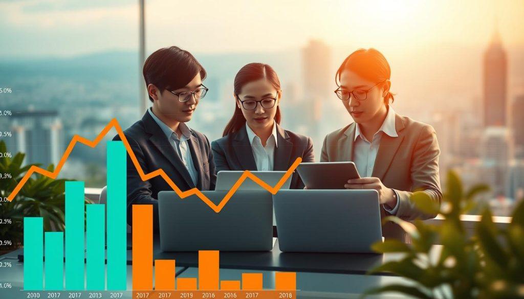 A detailed financial analysis illustration showcasing the revenue performance of Shopee in the Taiwan market. In the foreground, display a dynamic bar chart and line graph, representing monthly earnings and growth trends over the past year, with precise, vibrant colors like teal and orange for clarity. The middle layer should feature professional businesspeople in smart casual attire, intently discussing the financial data, surrounded by laptops and digital devices, symbolizing a productive workspace. In the background, incorporate a blurred skyline of Taipei, to ground the scene in its locale, with soft, warm lighting that conveys a focused yet optimistic atmosphere. The overall mood should evoke a sense of professionalism and insightfulness into the financial landscape. A detailed financial analysis illustration showcasing the revenue performance of Shopee in the Taiwan market. In the foreground, display a dynamic bar chart and line graph, representing monthly earnings and growth trends over the past year, with precise, vibrant colors like teal and orange for clarity. The middle layer should feature professional businesspeople in smart casual attire, intently discussing the financial data, surrounded by laptops and digital devices, symbolizing a productive workspace. In the background, incorporate a blurred skyline of Taipei, to ground the scene in its locale, with soft, warm lighting that conveys a focused yet optimistic atmosphere. The overall mood should evoke a sense of professionalism and insightfulness into the financial landscape.