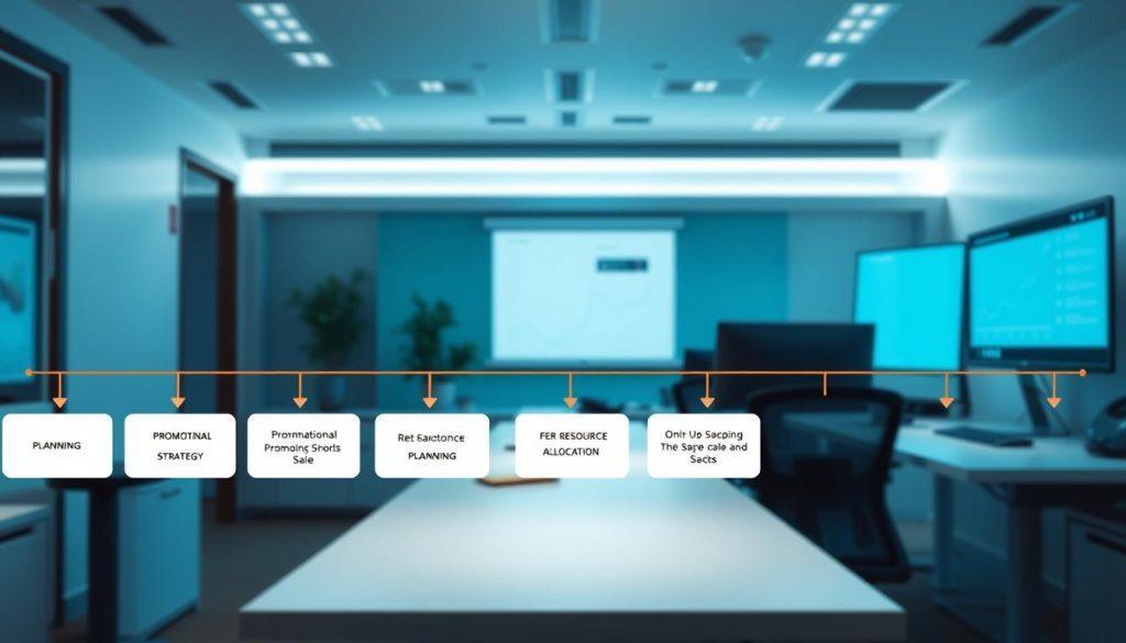 A detailed flowchart illustrating the timeline planning for Shopee's promotional events, specifically focusing on the week leading up to a major sale like 11.11. The foreground features clearly labeled boxes representing key planning stages, including promotional strategy, marketing efforts, and resource allocation, all arranged along a horizontal timeline. The middle section includes arrows connecting these stages, showcasing the progression and dependencies. The background depicts an office environment with a sleek desk and a digital display showing analytics graphs, adorned with light blue tones for a professional atmosphere. Light from a soft overhead source creates a bright and engaging vibe, capturing the anticipation and strategy involved in the planning process. The overall mood conveys professionalism, organization, and excitement for the upcoming promotion. A detailed flowchart illustrating the timeline planning for Shopee's promotional events, specifically focusing on the week leading up to a major sale like 11.11. The foreground features clearly labeled boxes representing key planning stages, including promotional strategy, marketing efforts, and resource allocation, all arranged along a horizontal timeline. The middle section includes arrows connecting these stages, showcasing the progression and dependencies. The background depicts an office environment with a sleek desk and a digital display showing analytics graphs, adorned with light blue tones for a professional atmosphere. Light from a soft overhead source creates a bright and engaging vibe, capturing the anticipation and strategy involved in the planning process. The overall mood conveys professionalism, organization, and excitement for the upcoming promotion.