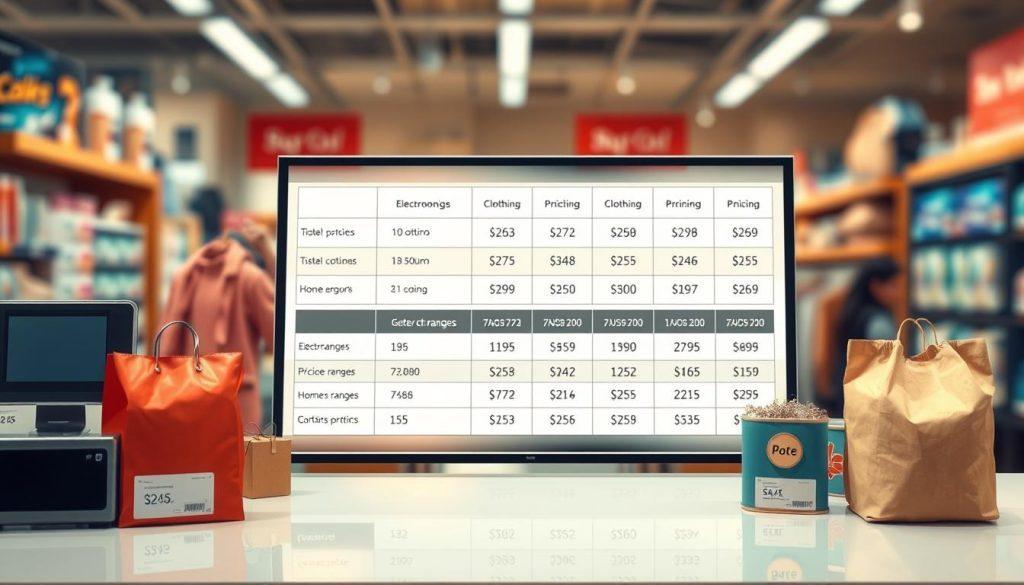 A detailed illustration depicting a comparative pricing analysis of various product categories. In the foreground, feature prominently displayed items like electronics, clothing, and home goods, each tagged with price points but without numbers. The middle ground shows a well-organized chart or graph, visually comparing price ranges of different categories in a clean, professional layout. The background consists of a blurred retail environment or a digital marketplace scene, providing context to the pricing strategies. Soft, ambient lighting enhances the items' colors, with a focus on clarity and legibility. The mood is informative and professional, aiming to convey expertise in pricing strategies without any text or distracting elements. A detailed illustration depicting a comparative pricing analysis of various product categories. In the foreground, feature prominently displayed items like electronics, clothing, and home goods, each tagged with price points but without numbers. The middle ground shows a well-organized chart or graph, visually comparing price ranges of different categories in a clean, professional layout. The background consists of a blurred retail environment or a digital marketplace scene, providing context to the pricing strategies. Soft, ambient lighting enhances the items' colors, with a focus on clarity and legibility. The mood is informative and professional, aiming to convey expertise in pricing strategies without any text or distracting elements.