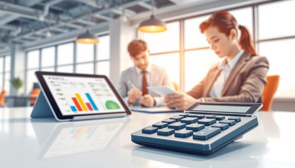 A detailed illustration depicting the concept of "Shopee's commission calculation example". In the foreground, a professional-looking calculator rests on a clean desk alongside a digital tablet displaying bar charts and transaction data. In the middle ground, a business professional in smart attire studies the calculator, with a focused expression, jotting down notes. The background features a modern office setting with large windows that let in soft, natural light, creating a bright and inviting atmosphere. The overall mood is analytical and business-oriented, suggesting careful consideration of financial details. The image should have a realistic, high-quality rendering with sharp focus on the foreground elements. A detailed illustration depicting the concept of "Shopee's commission calculation example". In the foreground, a professional-looking calculator rests on a clean desk alongside a digital tablet displaying bar charts and transaction data. In the middle ground, a business professional in smart attire studies the calculator, with a focused expression, jotting down notes. The background features a modern office setting with large windows that let in soft, natural light, creating a bright and inviting atmosphere. The overall mood is analytical and business-oriented, suggesting careful consideration of financial details. The image should have a realistic, high-quality rendering with sharp focus on the foreground elements.