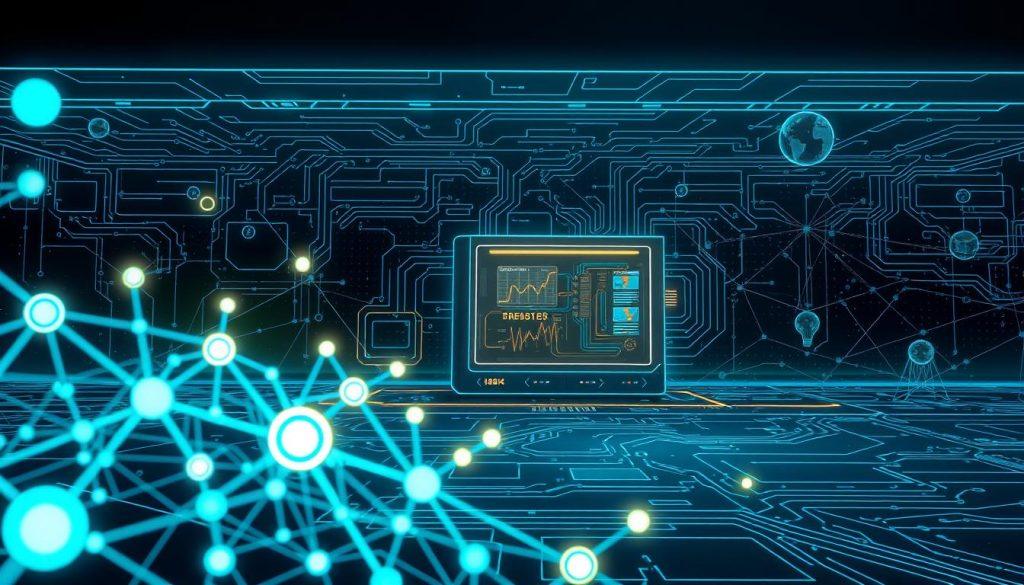 A detailed illustration of "Claude's technical architecture" featuring a futuristic digital interface. In the foreground, a stylized representation of interconnected neural networks and algorithms, symbolizing artificial intelligence and data processing. The middle ground should showcase a sleek, high-tech computer system with glowing circuits and animated graphical elements, signifying real-time data analysis. The background can include a minimalist, dark virtual landscape filled with abstract shapes and light particles, creating a sense of depth and innovation. Use cool blue and green lighting to enhance the futuristic ambiance, while casting soft shadows for a polished look. The angle should be slightly above eye level, emphasizing the complexity and sophistication of the technology. The overall mood should convey a blend of advanced technology and intellect, evoking curiosity and engagement. A detailed illustration of "Claude's technical architecture" featuring a futuristic digital interface. In the foreground, a stylized representation of interconnected neural networks and algorithms, symbolizing artificial intelligence and data processing. The middle ground should showcase a sleek, high-tech computer system with glowing circuits and animated graphical elements, signifying real-time data analysis. The background can include a minimalist, dark virtual landscape filled with abstract shapes and light particles, creating a sense of depth and innovation. Use cool blue and green lighting to enhance the futuristic ambiance, while casting soft shadows for a polished look. The angle should be slightly above eye level, emphasizing the complexity and sophistication of the technology. The overall mood should convey a blend of advanced technology and intellect, evoking curiosity and engagement.