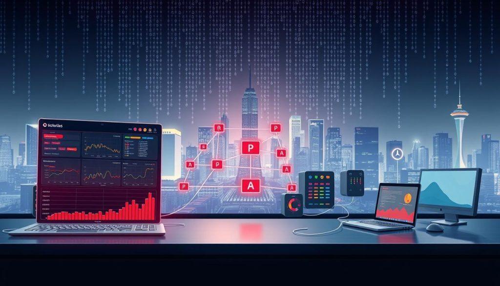 A detailed illustration of a network anomaly detection system in action, focusing on the detection of abnormal traffic and click fraud. The foreground features a sleek, futuristic dashboard displaying colorful graphs and alerts representing network traffic anomalies, highlighted in red to depict urgency. In the middle ground, components of a network flow diagram connect various digital devices, such as servers and computers, symbolizing data flow. The background includes a abstract cityscape with binary code rain, projecting a technological atmosphere. Soft, ambient lighting creates a serious yet focused mood, with a slight blue tint adding a sense of professionalism. The image should be designed from a slightly elevated angle to capture the complexity of the system, with no captions or text overlays. A detailed illustration of a network anomaly detection system in action, focusing on the detection of abnormal traffic and click fraud. The foreground features a sleek, futuristic dashboard displaying colorful graphs and alerts representing network traffic anomalies, highlighted in red to depict urgency. In the middle ground, components of a network flow diagram connect various digital devices, such as servers and computers, symbolizing data flow. The background includes a abstract cityscape with binary code rain, projecting a technological atmosphere. Soft, ambient lighting creates a serious yet focused mood, with a slight blue tint adding a sense of professionalism. The image should be designed from a slightly elevated angle to capture the complexity of the system, with no captions or text overlays.