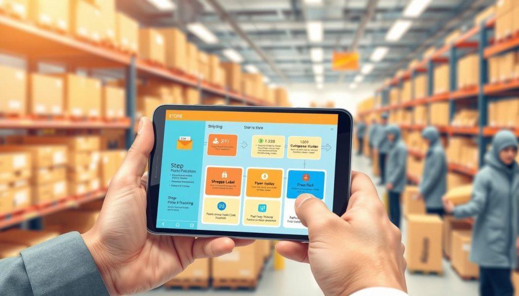 A detailed illustration of a "store-to-store shipping process" interface, showcasing a digital application screen. In the foreground, display a sleek, modern mobile device held by a person in professional business attire, clearly showing the intuitive navigation of the shipping process. The middle layer features a vibrant and user-friendly digital interface with highlighted steps such as "Package Pickup," "Shipping Label Creation," and "Delivery Tracking," all depicted with colorful icons and flow arrows. The background includes a soft-focus environment resembling a bustling courier service center with shelves of packages and delivery personnel in modest attire, creating a busy but organized atmosphere. Use warm lighting to evoke a sense of efficiency and professionalism, captured from a slight overhead angle for depth. A detailed illustration of a "store-to-store shipping process" interface, showcasing a digital application screen. In the foreground, display a sleek, modern mobile device held by a person in professional business attire, clearly showing the intuitive navigation of the shipping process. The middle layer features a vibrant and user-friendly digital interface with highlighted steps such as "Package Pickup," "Shipping Label Creation," and "Delivery Tracking," all depicted with colorful icons and flow arrows. The background includes a soft-focus environment resembling a bustling courier service center with shelves of packages and delivery personnel in modest attire, creating a busy but organized atmosphere. Use warm lighting to evoke a sense of efficiency and professionalism, captured from a slight overhead angle for depth.