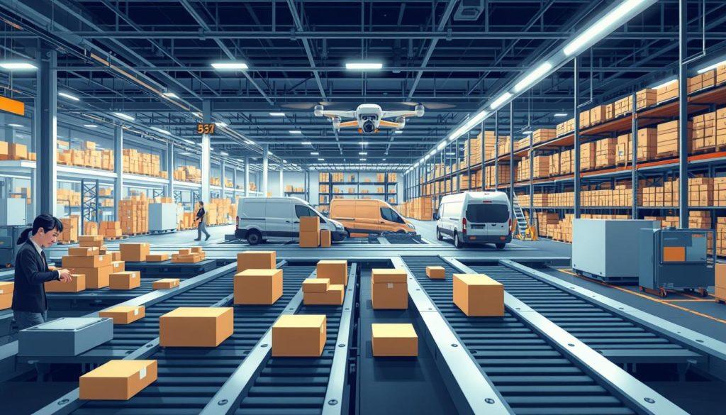 A detailed illustration of the Shopee logistics system, showcasing efficient parcel handling and delivery processes. The foreground features a sleek, modern logistics hub with workers in professional attire organizing packages on conveyor belts. The middle section shows various vehicles, including delivery vans and drones, ready for dispatch. In the background, a high-tech warehouse with shelves stacked full of products can be seen, illuminated by bright overhead lighting that creates a clean and efficient atmosphere. The scene captures a bustling yet organized environment, suggesting reliability and speed in logistics. The angle is slightly elevated to provide a comprehensive view of the entire operation, conveying the complexity and efficiency of the Shopee logistics system. A detailed illustration of the Shopee logistics system, showcasing efficient parcel handling and delivery processes. The foreground features a sleek, modern logistics hub with workers in professional attire organizing packages on conveyor belts. The middle section shows various vehicles, including delivery vans and drones, ready for dispatch. In the background, a high-tech warehouse with shelves stacked full of products can be seen, illuminated by bright overhead lighting that creates a clean and efficient atmosphere. The scene captures a bustling yet organized environment, suggesting reliability and speed in logistics. The angle is slightly elevated to provide a comprehensive view of the entire operation, conveying the complexity and efficiency of the Shopee logistics system.