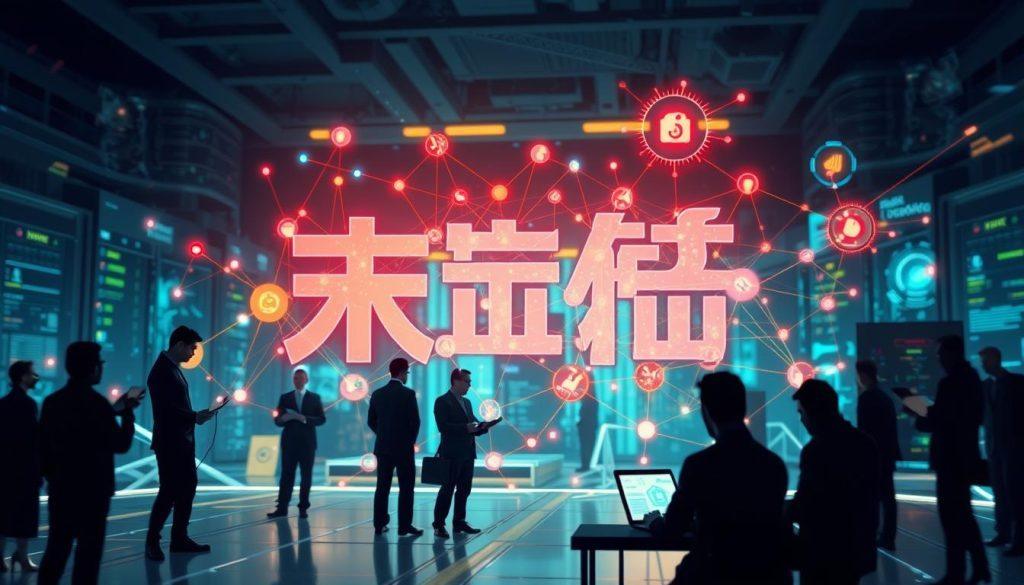 A detailed illustration of the "分潤蟑螂網路生態鏈結構圖," showcasing a complex, interconnected ecosystem of digital networks and roles. In the foreground, focus on stylized, abstract representations of various entities, such as individuals in professional attire engaging with digital devices. The middle layer should depict nodes and connections symbolizing the flow of information and profit, illustrated with vibrant colors and intricate lines. In the background, a digital landscape featuring abstract representations of servers and data flow, with soft lighting to create a professional atmosphere. Emphasize a sense of collaboration and interaction among the components, illustrating the dynamics of the ecosystem in a visually compelling way. Use a balanced composition that guides the viewer's eye through the interconnected structure. A detailed illustration of the "分潤蟑螂網路生態鏈結構圖," showcasing a complex, interconnected ecosystem of digital networks and roles. In the foreground, focus on stylized, abstract representations of various entities, such as individuals in professional attire engaging with digital devices. The middle layer should depict nodes and connections symbolizing the flow of information and profit, illustrated with vibrant colors and intricate lines. In the background, a digital landscape featuring abstract representations of servers and data flow, with soft lighting to create a professional atmosphere. Emphasize a sense of collaboration and interaction among the components, illustrating the dynamics of the ecosystem in a visually compelling way. Use a balanced composition that guides the viewer's eye through the interconnected structure.