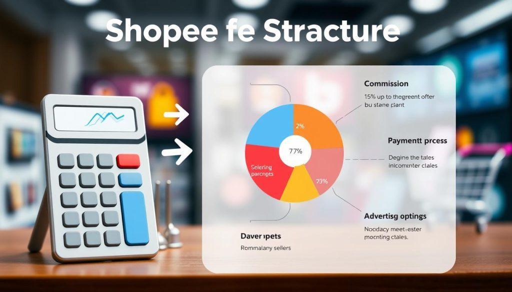 A detailed infographic depicting the fee structure of the Shopee platform. In the foreground, showcase a stylized calculator and abstract financial charts with arrows indicating revenue flow. The middle layer features a pie chart illustrating various fee components like commission, payment processing, and advertising costs, with each segment distinctly color-coded. In the background, include soft-focus images of online shopping elements, such as a shopping cart and product icons. Use bright, professional lighting to create clarity and focus on the data. The mood should be informative and business-oriented, evoke a sense of professionalism and understanding, making it suitable for new sellers looking to comprehend payment structures in e-commerce. A detailed infographic depicting the fee structure of the Shopee platform. In the foreground, showcase a stylized calculator and abstract financial charts with arrows indicating revenue flow. The middle layer features a pie chart illustrating various fee components like commission, payment processing, and advertising costs, with each segment distinctly color-coded. In the background, include soft-focus images of online shopping elements, such as a shopping cart and product icons. Use bright, professional lighting to create clarity and focus on the data. The mood should be informative and business-oriented, evoke a sense of professionalism and understanding, making it suitable for new sellers looking to comprehend payment structures in e-commerce.