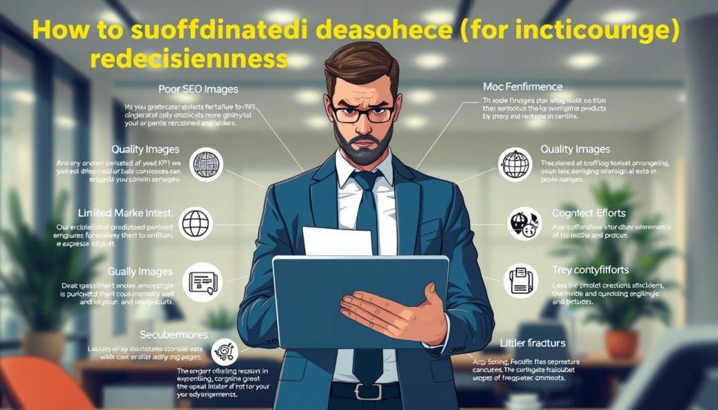 A detailed infographic illustrating common reasons for insufficient exposure of products on an e-commerce platform. In the foreground, depict a concerned business owner analyzing graphs and charts on a laptop, dressed in professional business attire. The middle layer showcases various visual elements such as icons representing factors like poor SEO, low-quality images, and limited marketing efforts, arranged neatly around the central figure. The background features a blurred office environment with soft, diffused lighting, suggesting a focused and analytical mood. Use a digital art style with clean lines and vibrant colors to enhance readability and engagement without any text. The overall atmosphere should be informative and encouraging for online sellers. A detailed infographic illustrating common reasons for insufficient exposure of products on an e-commerce platform. In the foreground, depict a concerned business owner analyzing graphs and charts on a laptop, dressed in professional business attire. The middle layer showcases various visual elements such as icons representing factors like poor SEO, low-quality images, and limited marketing efforts, arranged neatly around the central figure. The background features a blurred office environment with soft, diffused lighting, suggesting a focused and analytical mood. Use a digital art style with clean lines and vibrant colors to enhance readability and engagement without any text. The overall atmosphere should be informative and encouraging for online sellers.