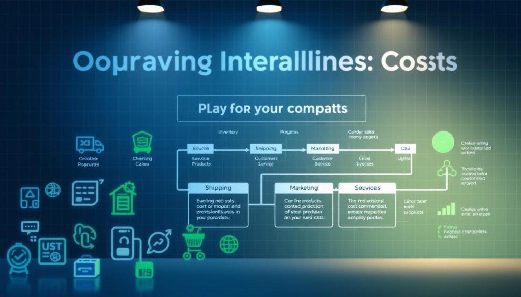 A detailed infographic illustrating the complete analysis of operating costs for an online business. In the foreground, visually engaging icons represent various cost elements like inventory, shipping, marketing, and customer service. In the middle, a well-structured flowchart shows the step-by-step process from sourcing products through to after-sales support, with distinct areas for each cost component. The background features a subtle grid pattern, symbolizing analytics and data-driven decision-making. Soft, professional lighting highlights the infographic elements, creating a clean and informative atmosphere. Use a modern, clean design with a color palette of blue and green to evoke a sense of trust and professionalism. The overall composition should be balanced and easy to understand, appealing to new entrepreneurs. A detailed infographic illustrating the complete analysis of operating costs for an online business. In the foreground, visually engaging icons represent various cost elements like inventory, shipping, marketing, and customer service. In the middle, a well-structured flowchart shows the step-by-step process from sourcing products through to after-sales support, with distinct areas for each cost component. The background features a subtle grid pattern, symbolizing analytics and data-driven decision-making. Soft, professional lighting highlights the infographic elements, creating a clean and informative atmosphere. Use a modern, clean design with a color palette of blue and green to evoke a sense of trust and professionalism. The overall composition should be balanced and easy to understand, appealing to new entrepreneurs.