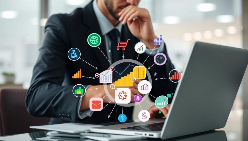 A detailed infographic illustrating the concept of "Shopee Profit Conversion Rate" in a business context. In the foreground, a professional individual dressed in business attire is thoughtfully analyzing charts and graphs on a laptop, surrounded by colorful data visualizations floating around them. The middle layer features a variety of vibrant icons representing clicks, sales, and conversion metrics, visually connecting them with arrows to indicate relationships. The background shows an abstract office environment with soft lighting to create a focused atmosphere. The overall mood is analytical and professional, representing the importance of understanding conversion rates in e-commerce. The composition should be clear, visually engaging, and free from any text or overlays. A detailed infographic illustrating the concept of "Shopee Profit Conversion Rate" in a business context. In the foreground, a professional individual dressed in business attire is thoughtfully analyzing charts and graphs on a laptop, surrounded by colorful data visualizations floating around them. The middle layer features a variety of vibrant icons representing clicks, sales, and conversion metrics, visually connecting them with arrows to indicate relationships. The background shows an abstract office environment with soft lighting to create a focused atmosphere. The overall mood is analytical and professional, representing the importance of understanding conversion rates in e-commerce. The composition should be clear, visually engaging, and free from any text or overlays.