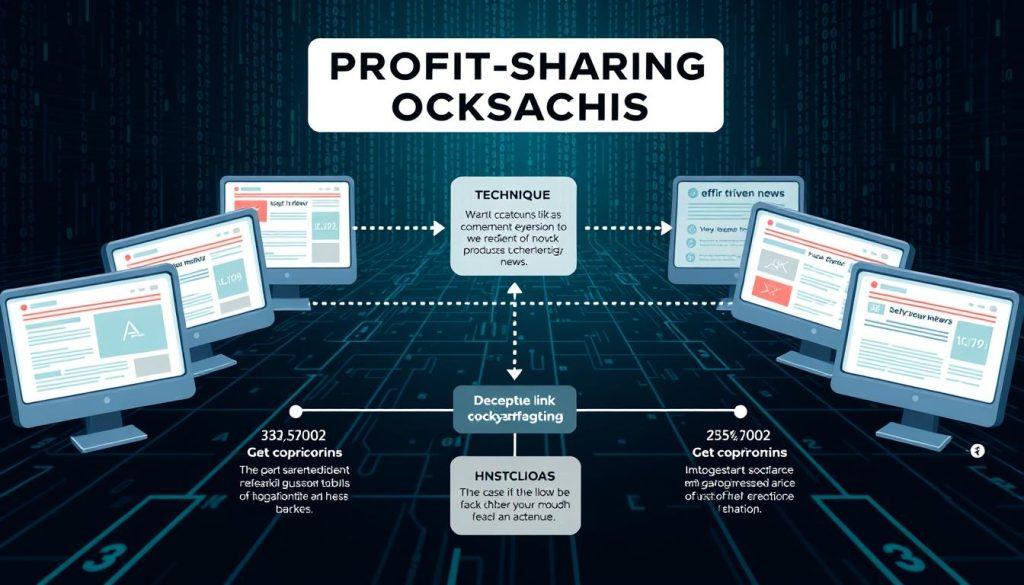 A detailed infographic illustrating the five main operational techniques of "profit-sharing cockroaches" in a cyber context. In the foreground, feature stylized vector graphics of computer screens displaying various news articles and hyperlinks, interconnected by dotted lines symbolizing deceptive link hijacking. In the middle, showcase a flowchart style layout detailing each technique with visual cues, such as arrows and icons representing user engagement and financial gains. The background should depict a digital landscape with a dark theme filled with abstract binary codes and subtle network motifs, suggesting the pervasive nature of these techniques. Use a cool color palette with blue and green tones to convey a serious and informative mood. The lighting should be dynamic with shadows to create depth, simulating a high-tech environment. No text or branding should be included. A detailed infographic illustrating the five main operational techniques of "profit-sharing cockroaches" in a cyber context. In the foreground, feature stylized vector graphics of computer screens displaying various news articles and hyperlinks, interconnected by dotted lines symbolizing deceptive link hijacking. In the middle, showcase a flowchart style layout detailing each technique with visual cues, such as arrows and icons representing user engagement and financial gains. The background should depict a digital landscape with a dark theme filled with abstract binary codes and subtle network motifs, suggesting the pervasive nature of these techniques. Use a cool color palette with blue and green tones to convey a serious and informative mood. The lighting should be dynamic with shadows to create depth, simulating a high-tech environment. No text or branding should be included.