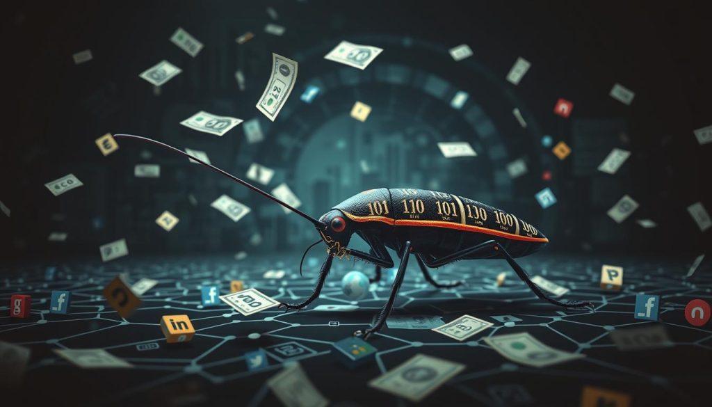 A detailed infographic illustrating the phenomenon of "Profit-Share Cockroaches" in the digital landscape. In the foreground, depict a stylized cockroach symbolizing internet parasites, featuring binary code patterns on its body, surrounded by drifting dollar bills and digital currency symbols. In the middle ground, include a maze of interconnected news links and social media icons to represent the network of influence and profit sharing. The background should showcase a dark, abstract digital environment, suggesting a hidden web of information. Use dramatic lighting with contrasting shadows to create a sense of intrigue and urgency, captured from a slightly elevated angle to enhance depth. The overall mood should be analytical yet engaging, inviting viewers to explore the complexities of this modern internet phenomenon. A detailed infographic illustrating the phenomenon of "Profit-Share Cockroaches" in the digital landscape. In the foreground, depict a stylized cockroach symbolizing internet parasites, featuring binary code patterns on its body, surrounded by drifting dollar bills and digital currency symbols. In the middle ground, include a maze of interconnected news links and social media icons to represent the network of influence and profit sharing. The background should showcase a dark, abstract digital environment, suggesting a hidden web of information. Use dramatic lighting with contrasting shadows to create a sense of intrigue and urgency, captured from a slightly elevated angle to enhance depth. The overall mood should be analytical yet engaging, inviting viewers to explore the complexities of this modern internet phenomenon.