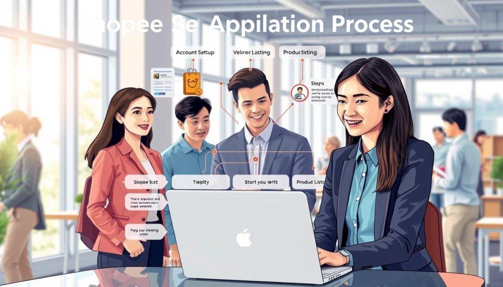 A detailed, informative illustration capturing the "Shopee Seller Application Process." In the foreground, a diverse group of professional individuals, including a young Asian woman in smart casual attire, engaged in discussion around a laptop, showcasing the digital nature of the process. In the middle ground, visually appealing flowcharts and diagrams outlining key steps of the application process, such as account setup, verification, and product listing. The background features a modern office space with natural lighting streaming through large windows, conveying a vibrant atmosphere of collaboration and entrepreneurship. The overall mood should be encouraging and supportive, emphasizing the accessibility and ease of starting a business on Shopee. A detailed, informative illustration capturing the "Shopee Seller Application Process." In the foreground, a diverse group of professional individuals, including a young Asian woman in smart casual attire, engaged in discussion around a laptop, showcasing the digital nature of the process. In the middle ground, visually appealing flowcharts and diagrams outlining key steps of the application process, such as account setup, verification, and product listing. The background features a modern office space with natural lighting streaming through large windows, conveying a vibrant atmosphere of collaboration and entrepreneurship. The overall mood should be encouraging and supportive, emphasizing the accessibility and ease of starting a business on Shopee.