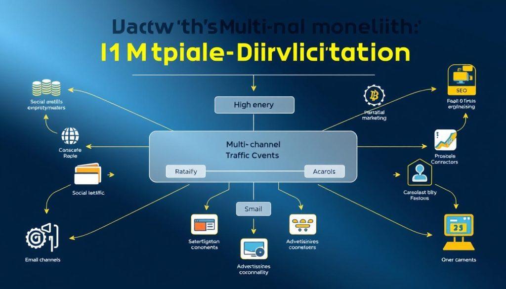 A detailed, insightful diagram illustrating the multi-channel traffic diversion strategy for Shopee's promotional events, prominently featuring interconnected arrows depicting flow of traffic from various digital channels such as social media, SEO, email marketing, and advertisements. The foreground displays icons representing each channel, with vibrant colors to represent high energy and engagement. The middle layer contains a flowchart showing the connections and processes in a sleek, modern design. The background features a subtle gradient that enhances clarity. Use bright, professional lighting to emphasize detail, with a sharp focus that captures the intricate layout. The mood is strategic and forward-thinking, ideal for a business audience. A detailed, insightful diagram illustrating the multi-channel traffic diversion strategy for Shopee's promotional events, prominently featuring interconnected arrows depicting flow of traffic from various digital channels such as social media, SEO, email marketing, and advertisements. The foreground displays icons representing each channel, with vibrant colors to represent high energy and engagement. The middle layer contains a flowchart showing the connections and processes in a sleek, modern design. The background features a subtle gradient that enhances clarity. Use bright, professional lighting to emphasize detail, with a sharp focus that captures the intricate layout. The mood is strategic and forward-thinking, ideal for a business audience.