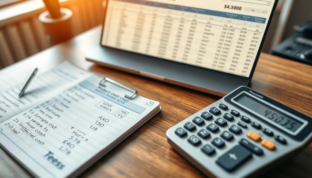A detailed overhead view of a product cost calculation checklist, prominently displayed on a wooden desk. In the foreground, a neat notepad filled with neatly written numbers and categories, including materials, shipping, and marketing costs. Next to it, a calculator with visible buttons and a soft glow, emphasizing its importance in calculations. In the middle ground, a laptop open to a spreadsheet displaying formulas and graphs related to pricing strategies. The background features a softly blurred office environment with warm, natural light filtering through a window, creating a focused and professional atmosphere. The scene embodies concentration and diligence, ideal for illustrating the section on comprehensive product cost assessment. A detailed overhead view of a product cost calculation checklist, prominently displayed on a wooden desk. In the foreground, a neat notepad filled with neatly written numbers and categories, including materials, shipping, and marketing costs. Next to it, a calculator with visible buttons and a soft glow, emphasizing its importance in calculations. In the middle ground, a laptop open to a spreadsheet displaying formulas and graphs related to pricing strategies. The background features a softly blurred office environment with warm, natural light filtering through a window, creating a focused and professional atmosphere. The scene embodies concentration and diligence, ideal for illustrating the section on comprehensive product cost assessment.