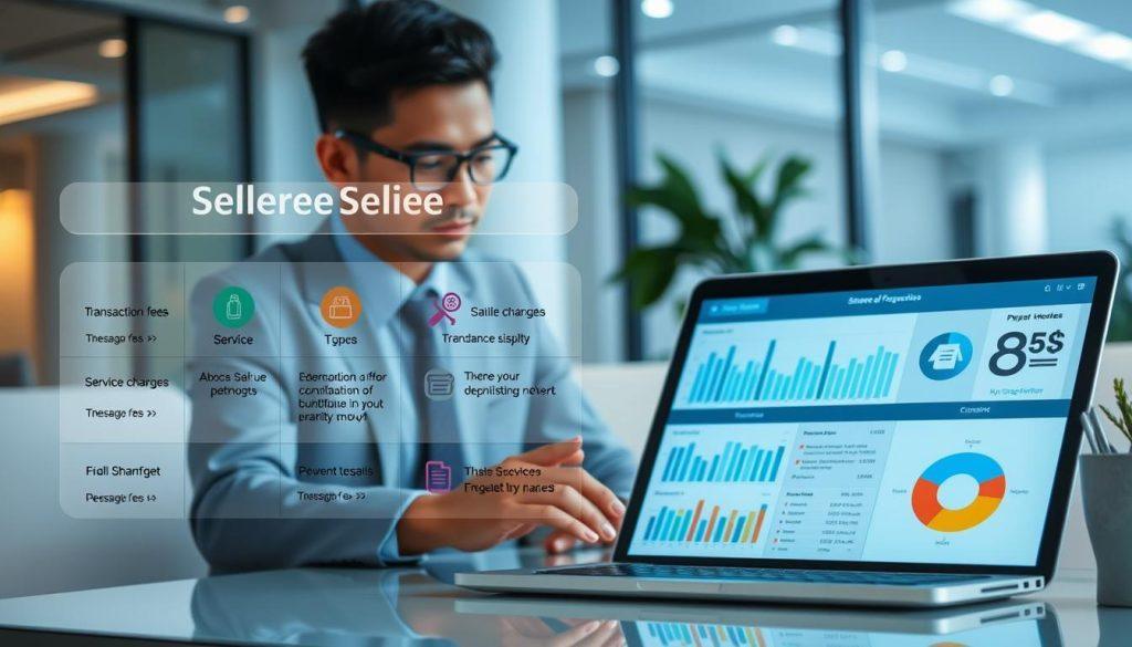 A detailed overview of Shopee seller fees, illustrated in an organized and professional layout. In the foreground, showcase a well-designed infographic featuring various fee categories like transaction fees, service charges, and payment processing fees, each labeled clearly with distinctive icons. The middle ground includes a business person in professional attire, focused on analyzing the infographic, with a laptop open beside them displaying graphs and pie charts related to sales performance. The background depicts a modern office environment with soft lighting casting a professional and analytical atmosphere. Use a soft focus on the background to highlight the infographic and the person. Overall, convey a sense of clarity and insight into the cost structure that Shopee sellers need to understand. A detailed overview of Shopee seller fees, illustrated in an organized and professional layout. In the foreground, showcase a well-designed infographic featuring various fee categories like transaction fees, service charges, and payment processing fees, each labeled clearly with distinctive icons. The middle ground includes a business person in professional attire, focused on analyzing the infographic, with a laptop open beside them displaying graphs and pie charts related to sales performance. The background depicts a modern office environment with soft lighting casting a professional and analytical atmosphere. Use a soft focus on the background to highlight the infographic and the person. Overall, convey a sense of clarity and insight into the cost structure that Shopee sellers need to understand.