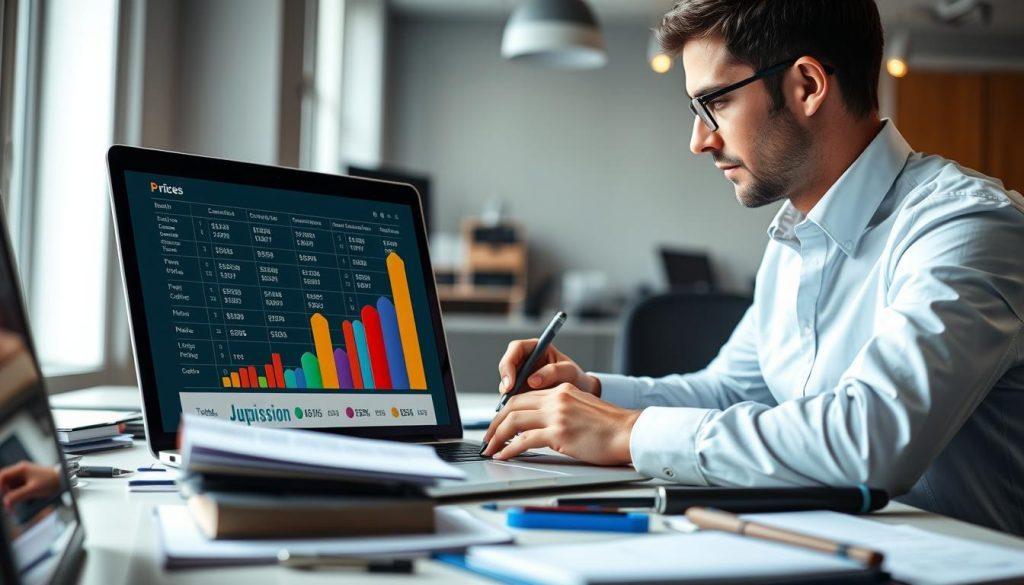A detailed scene illustrating a competitive price analysis in e-commerce. In the foreground, a laptop displays a colorful chart with price comparisons of various products, showcasing a clear graphical representation of data. Next to the laptop, a professional business person, dressed in smart casual attire, is jotting down notes while looking thoughtfully at the screen. In the middle ground, a cluttered desk is visible with notebooks, stationery, and a smartphone, hinting at a busy work environment. The background features a modern office with soft, natural lighting filtering through a window, creating a focused yet dynamic atmosphere. The overall mood should be analytical and productive, emphasizing the importance of competition in pricing strategies without any distractions. A detailed scene illustrating a competitive price analysis in e-commerce. In the foreground, a laptop displays a colorful chart with price comparisons of various products, showcasing a clear graphical representation of data. Next to the laptop, a professional business person, dressed in smart casual attire, is jotting down notes while looking thoughtfully at the screen. In the middle ground, a cluttered desk is visible with notebooks, stationery, and a smartphone, hinting at a busy work environment. The background features a modern office with soft, natural lighting filtering through a window, creating a focused yet dynamic atmosphere. The overall mood should be analytical and productive, emphasizing the importance of competition in pricing strategies without any distractions.