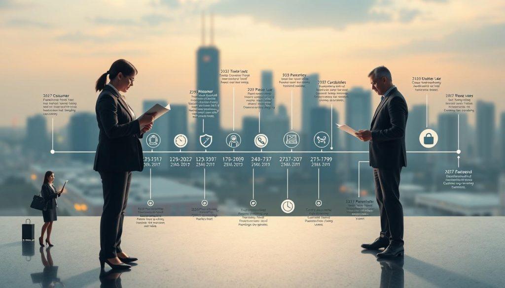 A detailed timeline illustration showcasing the significant events and controversies surrounding the Shopee platform in recent years. In the foreground, include symbolic representations of affected sellers and consumers, depicted in professional business attire, examining documents and engaging in discussions. In the middle ground, visually represent a series of key dates and icons that highlight major events and disputes, such as product quality issues, payment disputes, and policy changes. In the background, a cityscape subtly symbolizes the digital marketplace, with soft, ambient lighting to create a professional and reflective atmosphere. The scene should convey a sense of urgency and critical analysis, using a medium shot to draw the viewer in without overcrowding the composition, avoiding any text or branding in the image. A detailed timeline illustration showcasing the significant events and controversies surrounding the Shopee platform in recent years. In the foreground, include symbolic representations of affected sellers and consumers, depicted in professional business attire, examining documents and engaging in discussions. In the middle ground, visually represent a series of key dates and icons that highlight major events and disputes, such as product quality issues, payment disputes, and policy changes. In the background, a cityscape subtly symbolizes the digital marketplace, with soft, ambient lighting to create a professional and reflective atmosphere. The scene should convey a sense of urgency and critical analysis, using a medium shot to draw the viewer in without overcrowding the composition, avoiding any text or branding in the image.