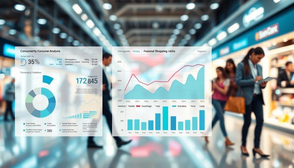 A detailed, visually engaging infographic illustrating consumer analysis and shopping behavior trends. In the foreground, prominently feature three stylized pie charts and line graphs, displaying demographic data, spending patterns, and seasonal shopping trends. The middle ground should include abstract representations of diverse shoppers, dressed in professional business attire, engaging in online shopping on laptops and smartphones, emphasizing modern consumer habits. The background should be a softly blurred scene of a digital marketplace, evoking a vibrant shopping atmosphere. Use bright, professional color schemes with cool blues and greens for a fresh, analytical feel. The lighting should be bright and clean, giving the image a polished look, like a well-designed report or presentation. The overall mood should be insightful and forward-thinking, inviting viewers to consider future trends in consumer behavior. A detailed, visually engaging infographic illustrating consumer analysis and shopping behavior trends. In the foreground, prominently feature three stylized pie charts and line graphs, displaying demographic data, spending patterns, and seasonal shopping trends. The middle ground should include abstract representations of diverse shoppers, dressed in professional business attire, engaging in online shopping on laptops and smartphones, emphasizing modern consumer habits. The background should be a softly blurred scene of a digital marketplace, evoking a vibrant shopping atmosphere. Use bright, professional color schemes with cool blues and greens for a fresh, analytical feel. The lighting should be bright and clean, giving the image a polished look, like a well-designed report or presentation. The overall mood should be insightful and forward-thinking, inviting viewers to consider future trends in consumer behavior.