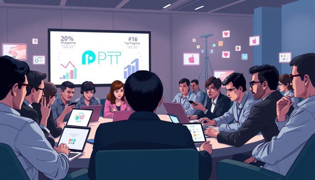A digital illustration capturing a bustling online forum atmosphere, representing a discussion about the current state of Shopee on PTT. In the foreground, a diverse group of individuals, portrayed in professional business attire, engaged in serious conversation while using laptops and smartphones. They are seated around a modern conference table. The middle ground features various floating screens displaying charts and graphs related to e-commerce trends. In the background, a large wall monitor shows a stylized logo of PTT, along with abstract representations of social media engagement. Soft, directional lighting creates a focused yet tense atmosphere, with a slight depth of field effect to draw attention to the participants' expressions of concern and curiosity. The overall mood balances urgency and contemplation, reflecting the critical discussions around Shopee's status. A digital illustration capturing a bustling online forum atmosphere, representing a discussion about the current state of Shopee on PTT. In the foreground, a diverse group of individuals, portrayed in professional business attire, engaged in serious conversation while using laptops and smartphones. They are seated around a modern conference table. The middle ground features various floating screens displaying charts and graphs related to e-commerce trends. In the background, a large wall monitor shows a stylized logo of PTT, along with abstract representations of social media engagement. Soft, directional lighting creates a focused yet tense atmosphere, with a slight depth of field effect to draw attention to the participants' expressions of concern and curiosity. The overall mood balances urgency and contemplation, reflecting the critical discussions around Shopee's status.